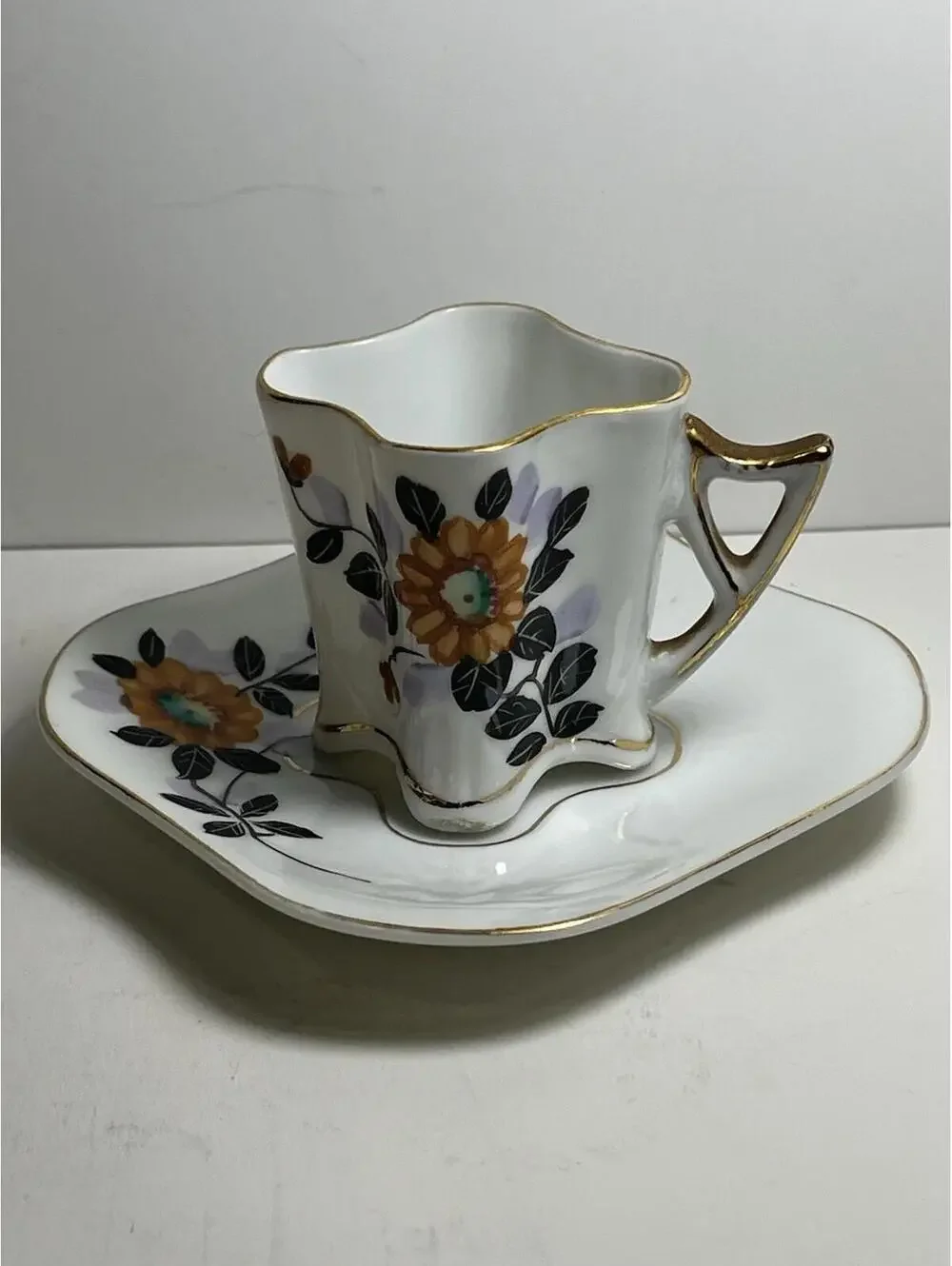 Vintage Chugai China Demitasse Cup Saucer Occupied Japan Quatrafoil Gold Trim